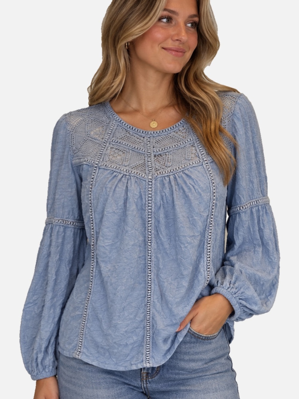 Sundance Light Blue Lace-Yoke Blouse